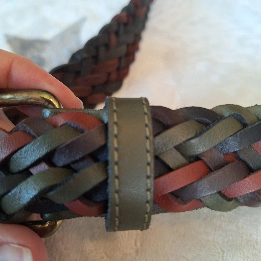 Genuine Leather Braided Belt Womens Med Navy Multicolor Woven Made In Argentina